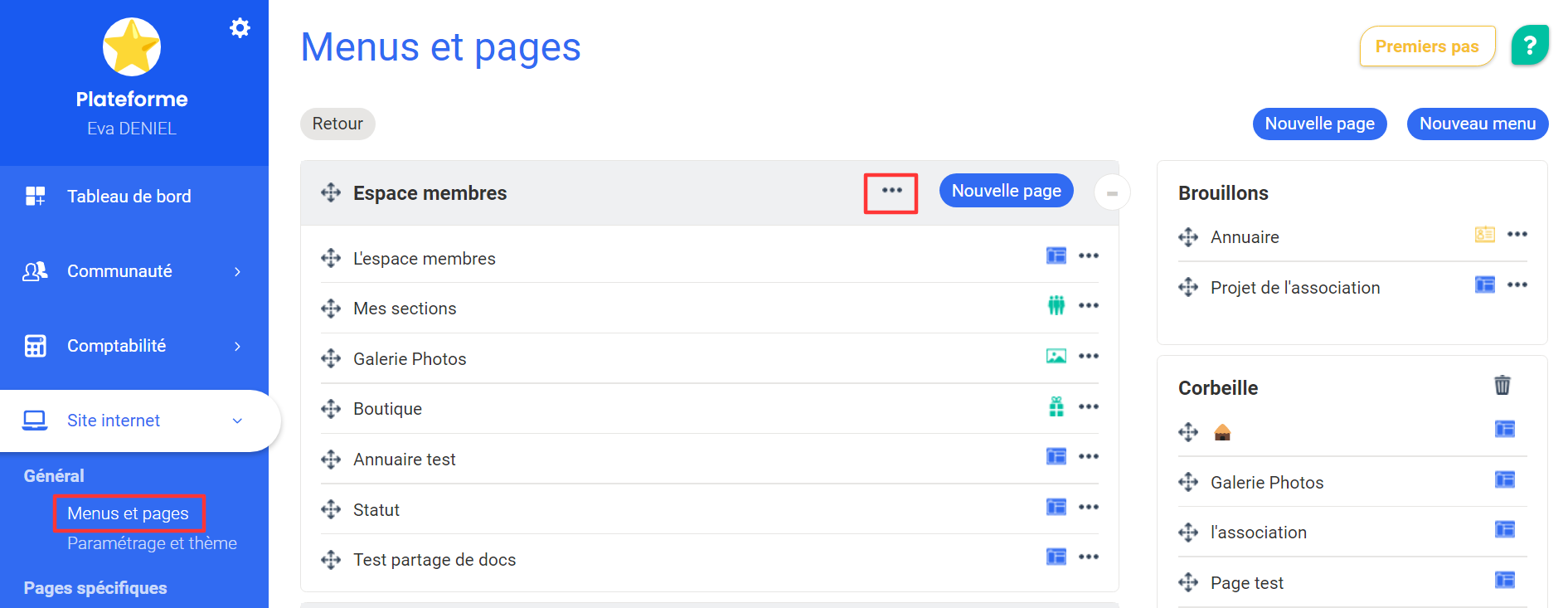AssoConnect “Menus and pages” interface, with the “Member area” menu expanded and its “⋯” button outlined in red.