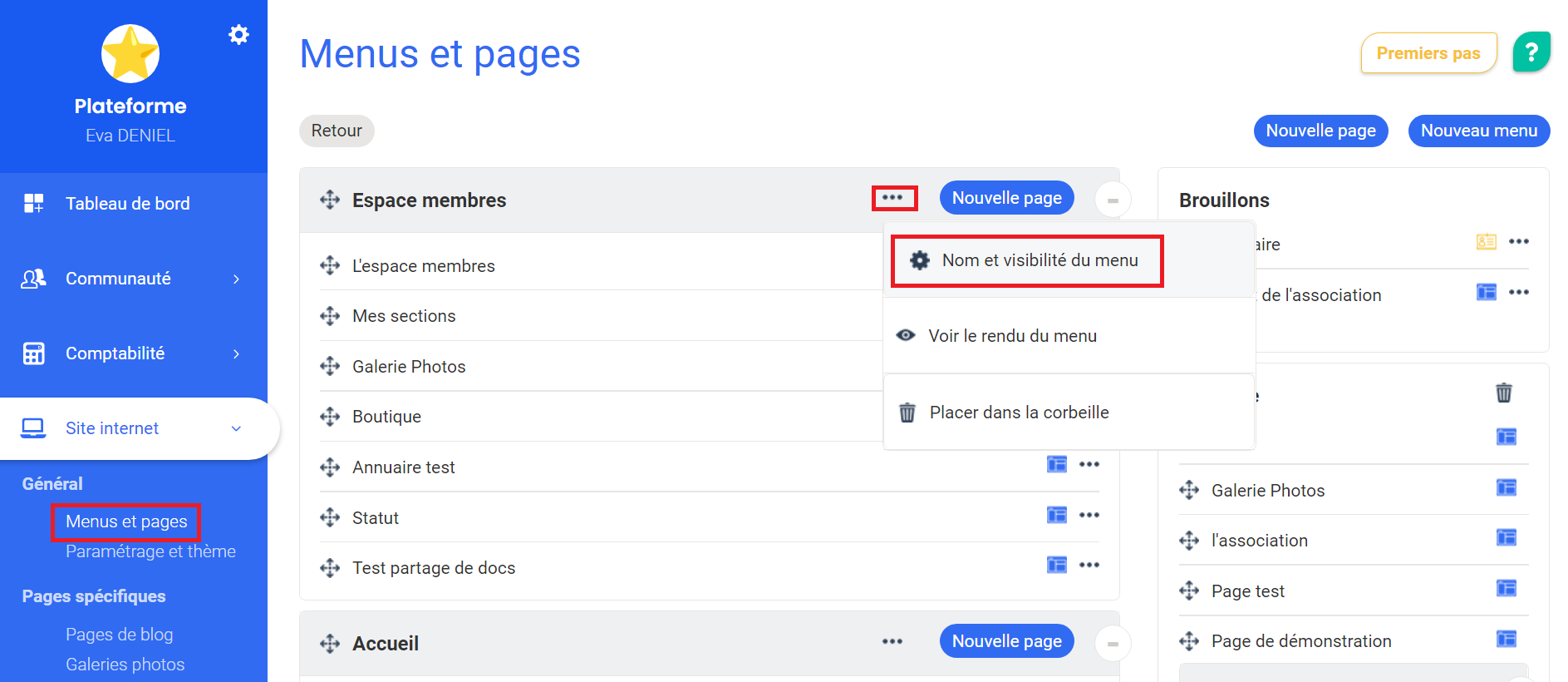 Interface « Menus et pages » d'AssoConnect met het openstaande vervolgmenu van het menu « Espace membres », waarin de optie « Nom et visibilité du menu » wordt aangeduid
