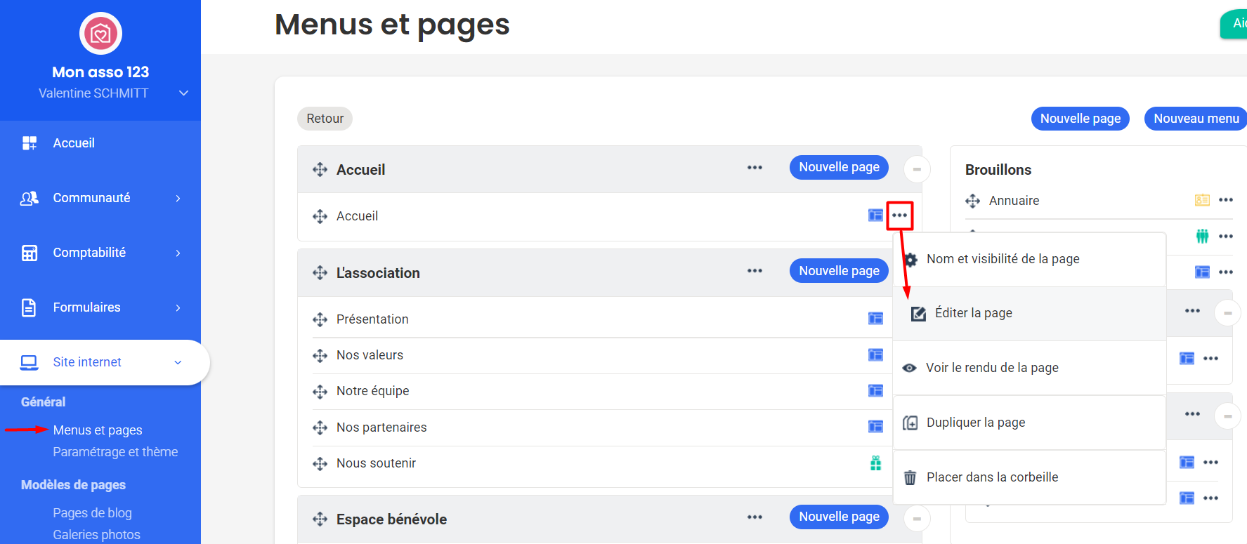 Context menu of a custom page in Website > Menus and Pages, with the Edit page option highlighted