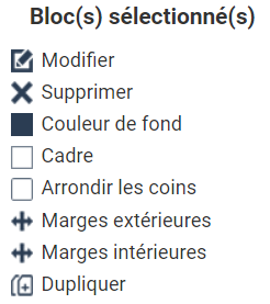 Barra de opciones del bloque Contacto seleccionado, con los iconos Modificar, Eliminar, Fondo, Marco, Redondear, Márgenes y Duplicar