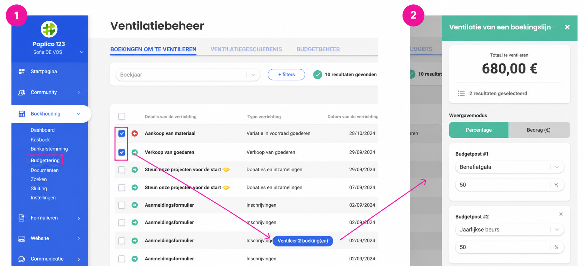 Interface voor het beheer van de verdelingen: twee geselecteerde boekingen en een zijpaneel met de 50/50-verdeling over twee budgetposten voor een totaal van 680,00 €.