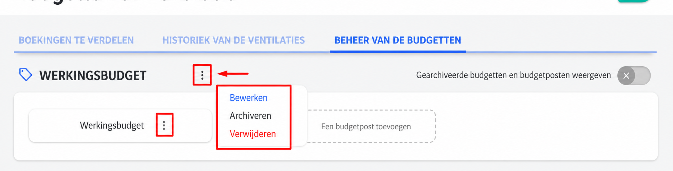 Contextmenu van een werkingsbudget in AssoConnect, met de opties Editer, Archiver en Supprimer.