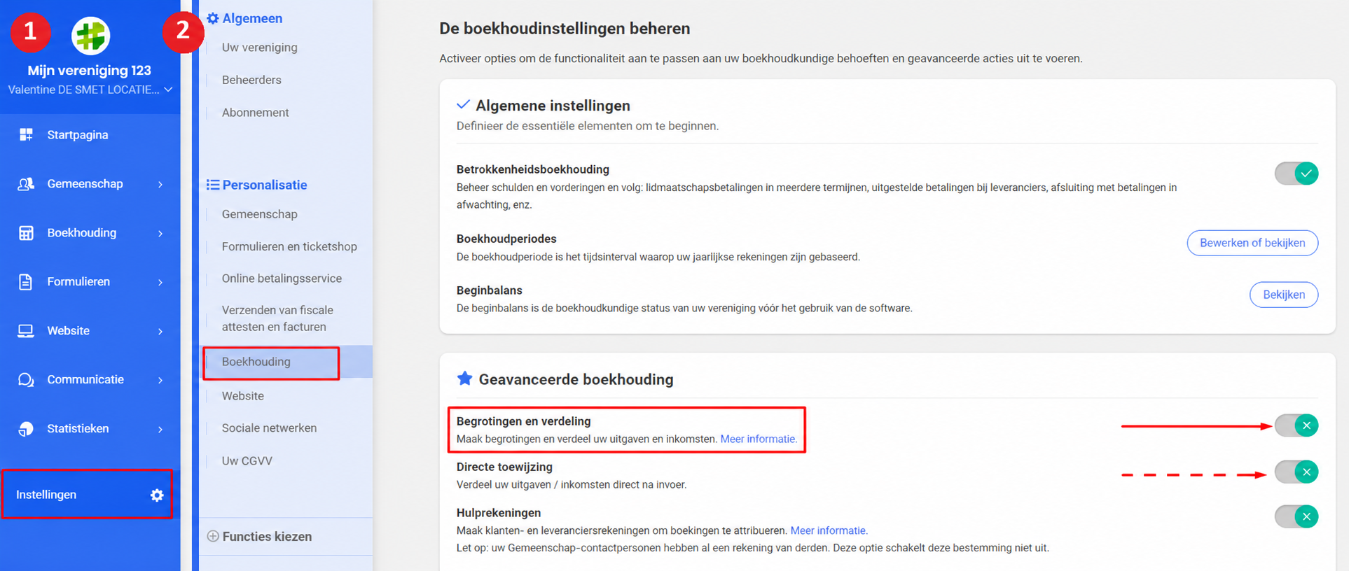 Instellingen van de geavanceerde boekhouding in AssoConnect, met de functie « Budgets et ventilation » in de kijker en de activeringsknop ervan.