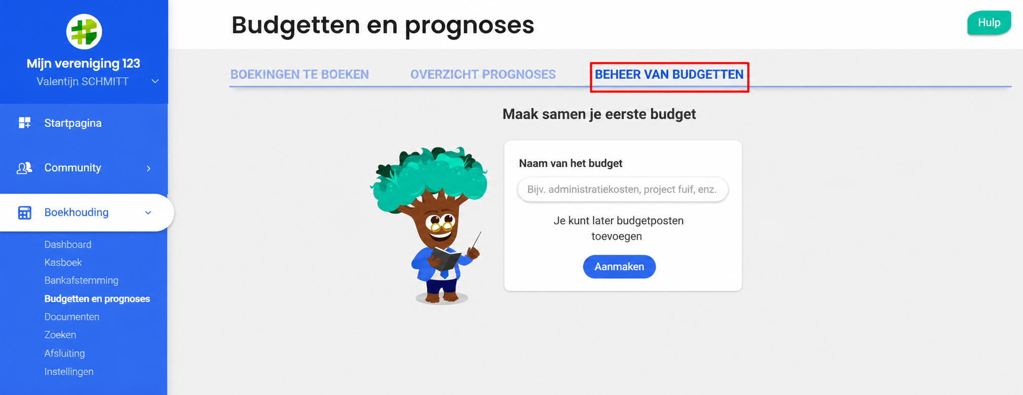 Tabblad « Gestion des budgets » in AssoConnect, met het formulier om een eerste budget aan te maken (veld « Nom du budget » en knop « Créer »)