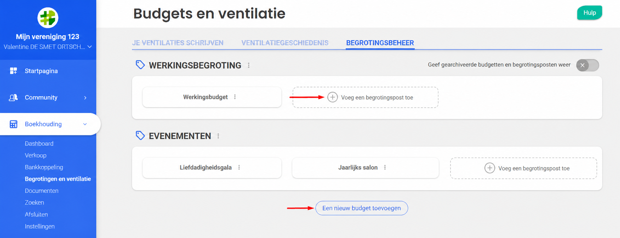 Tabblad « Gestion des budgets » in AssoConnect, met de pijlknoppen « Ajouter un poste budgétaire » en « Ajouter un nouveau budget »