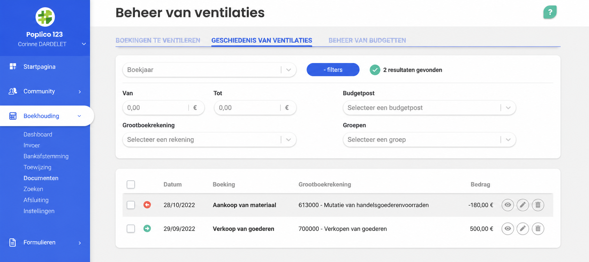 Pagina « Gestion des ventilations » van AssoConnect, tabblad Historique des ventilations, met twee gefilterde boekingen: een aankoop van materiaal van -180 € en een verkoop van goederen van 500 €