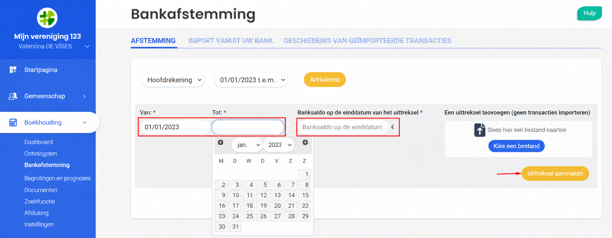 Pagina bankafstemming AssoConnect met de kalender voor het selecteren van de einddatum en de knop « Créer le relevé » in de verf gezet
