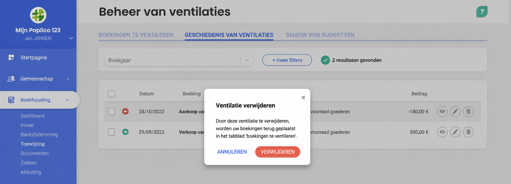 Bevestigingsvenster « Supprimer la ventilation » dat waarschuwt dat de boekingen naar het tabblad « Écritures à ventiler » terugkeren, met de knoppen Annuler en Supprimer.