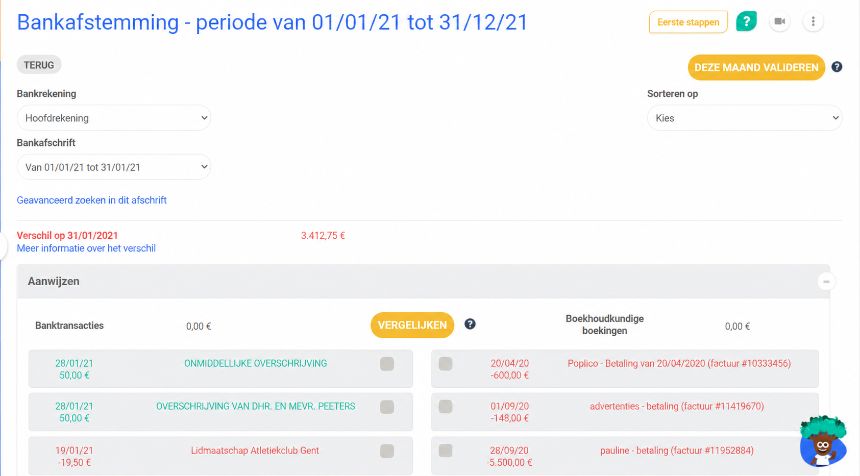 Interface bankafstemming AssoConnect voor de periode 01/01/21 tot 31/12/21, met een verschil van 3 615 € en de af te punten verrichtingen.
