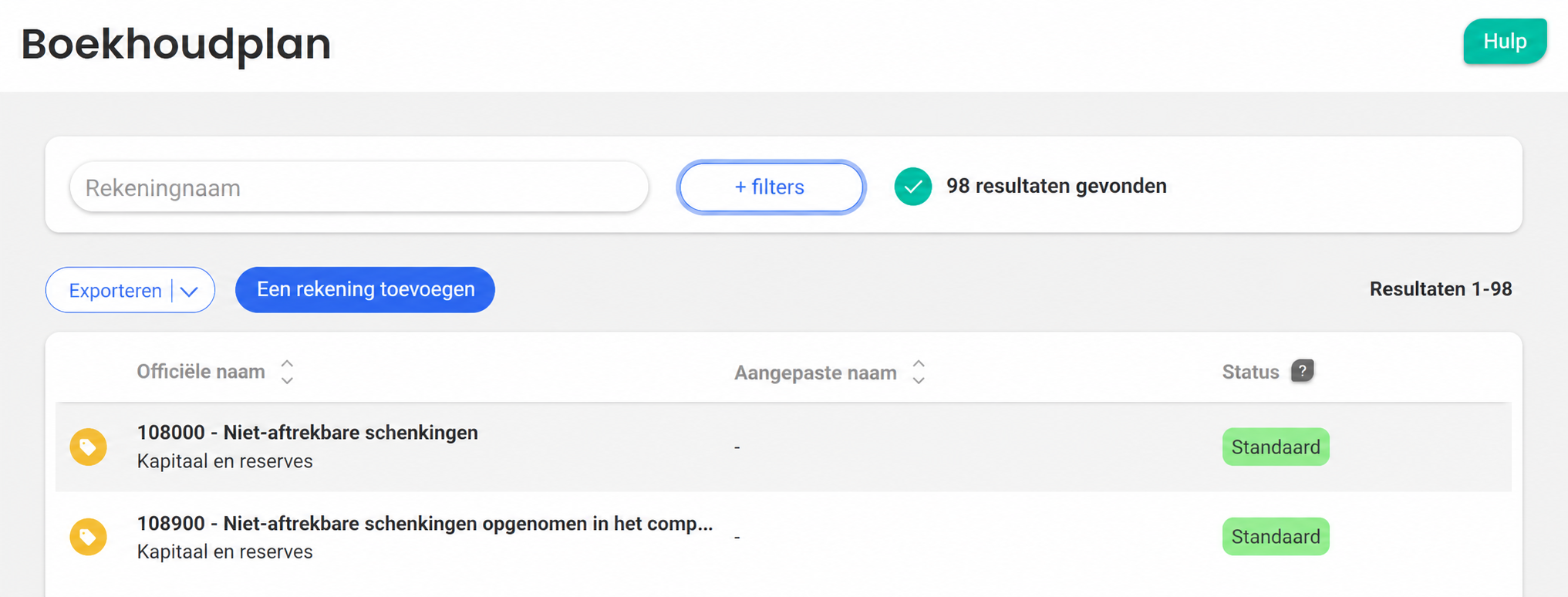 Pagina « Rekeningschema » van AssoConnect met de knop « Rekening toevoegen » aangeduid met een rood kader