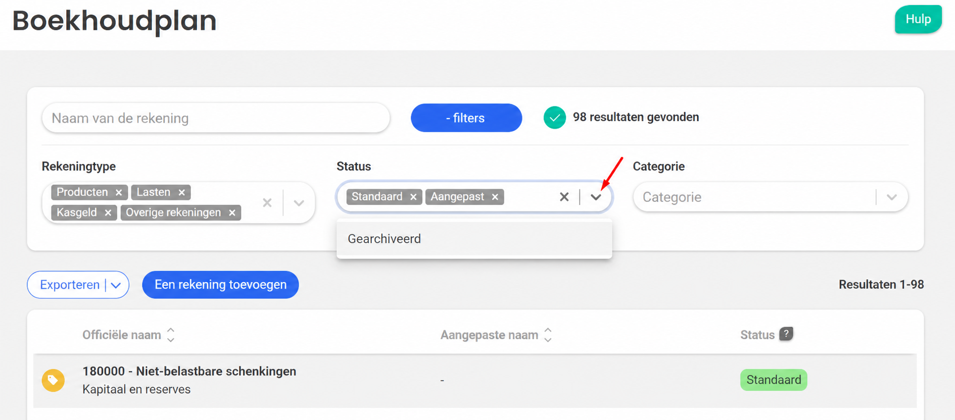 Rekeningschema met de statusfilters « Standaard » en « Aangepast » actief, en het vervolgkeuzemenu met de optie « Gearchiveerd »