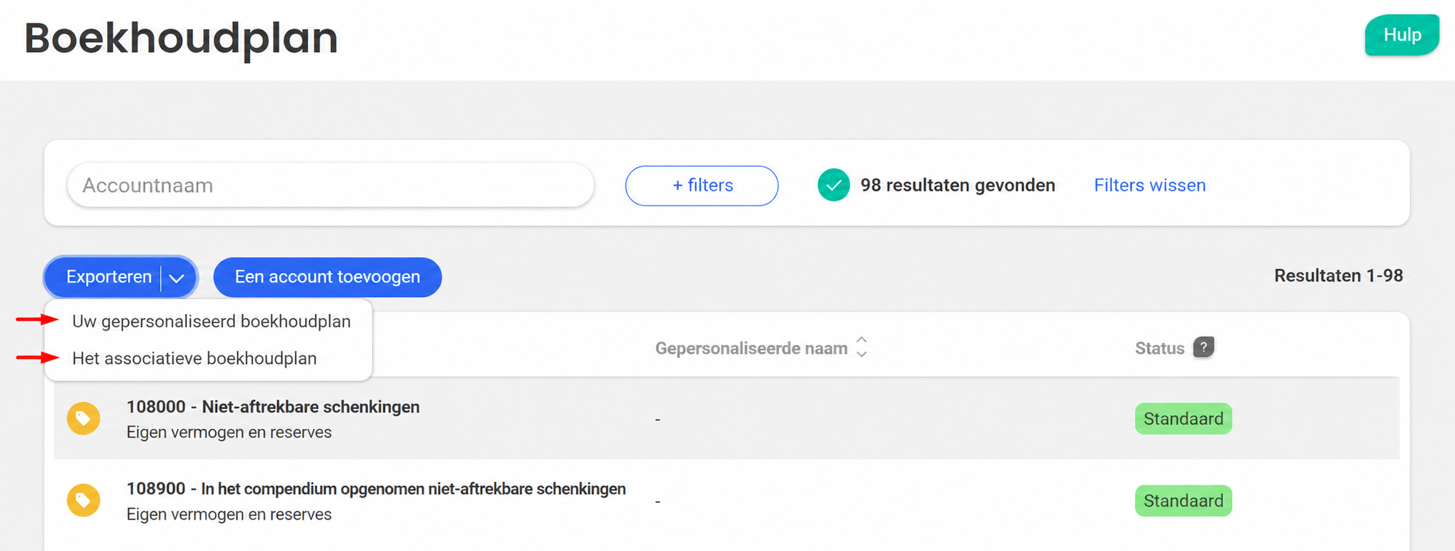 Rekeningschema in AssoConnect: vervolgkeuzemenu van de knop « Exporteren » met twee opties, « Uw aangepaste rekeningschema » en « Het rekeningschema voor verenigingen »