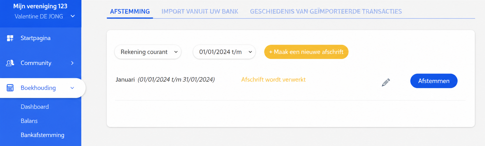 Pagina « Rapprochement bancaire » met het uittreksel van januari 2023 in behandeling en de knop « Rapprocher » in de verf gezet.