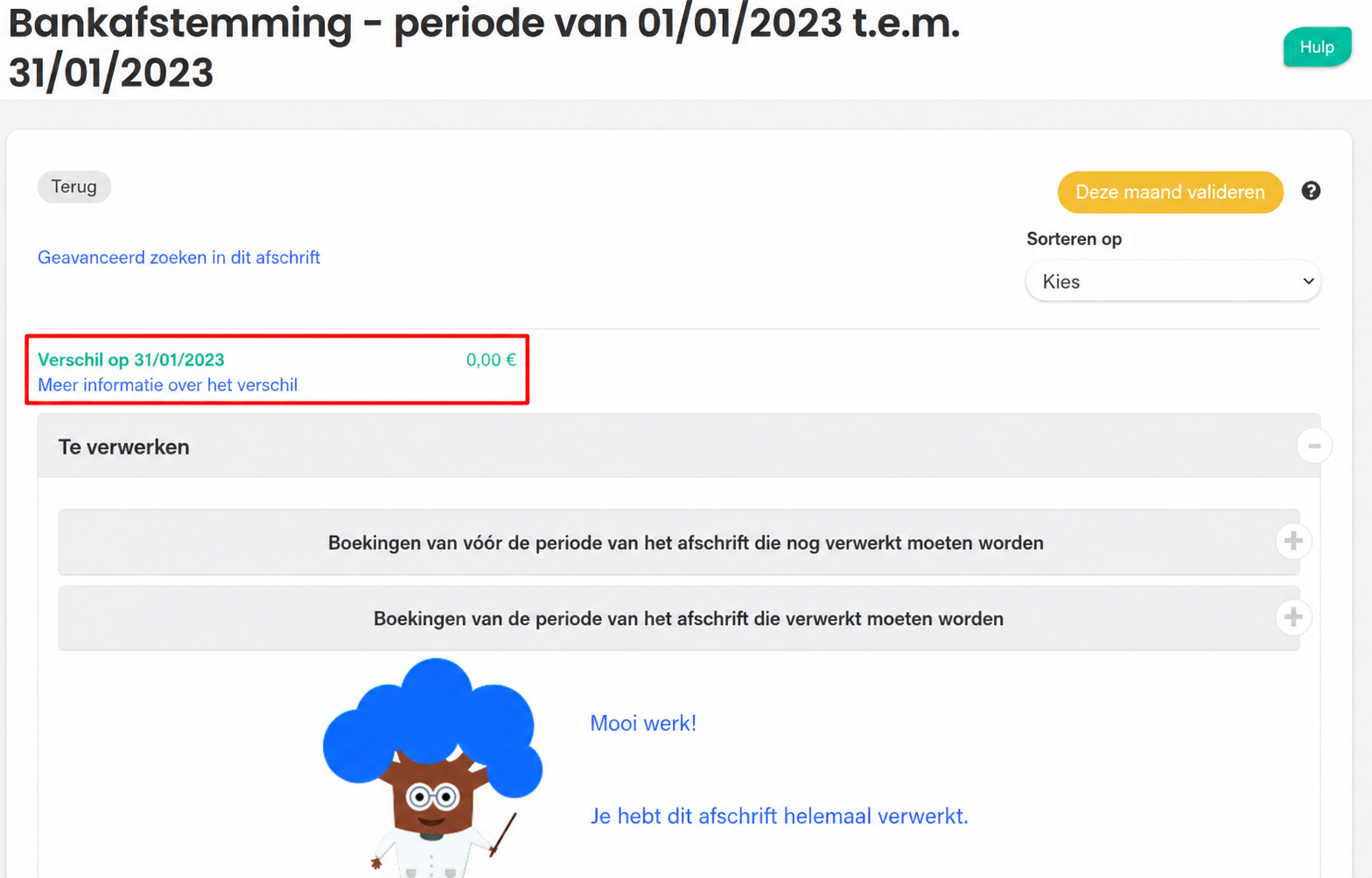 Pagina bankafstemming (01/01/2023 tot 31/01/2023) met een verschil van 0,00 € in het rood omkaderd en de boodschap « Beau travail ! Vous avez tout pointé »