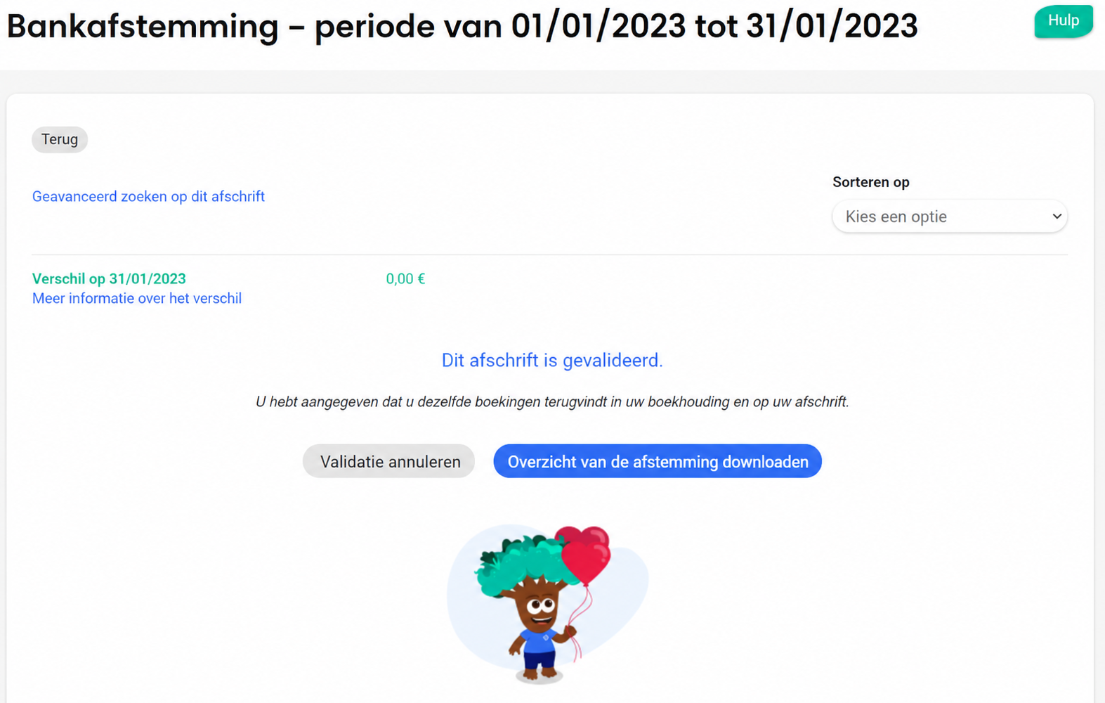 Pagina gevalideerde bankafstemming (januari 2023) met een verschil van 0,00 € en de knoppen « Annuler la validation » en « Télécharger l'état de rapprochement »