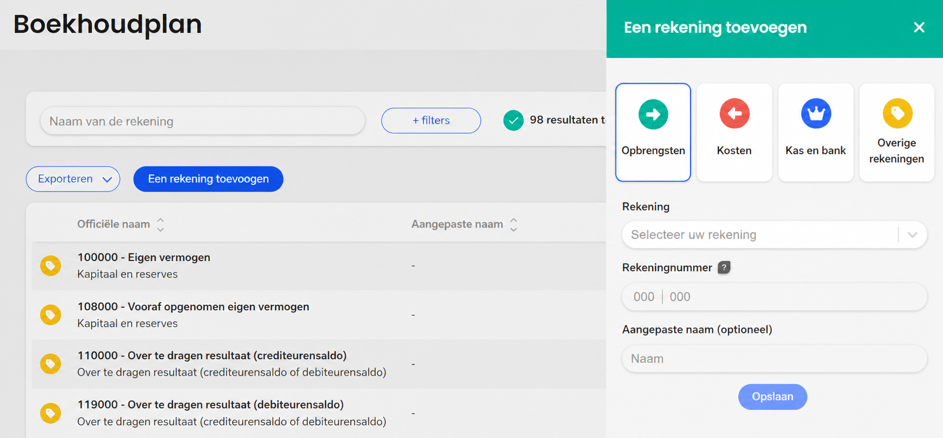 Rekeningschema met het paneel « Rekening toevoegen » open, met de categorieën Opbrengsten, Kosten, Liquide middelen en Andere rekeningen