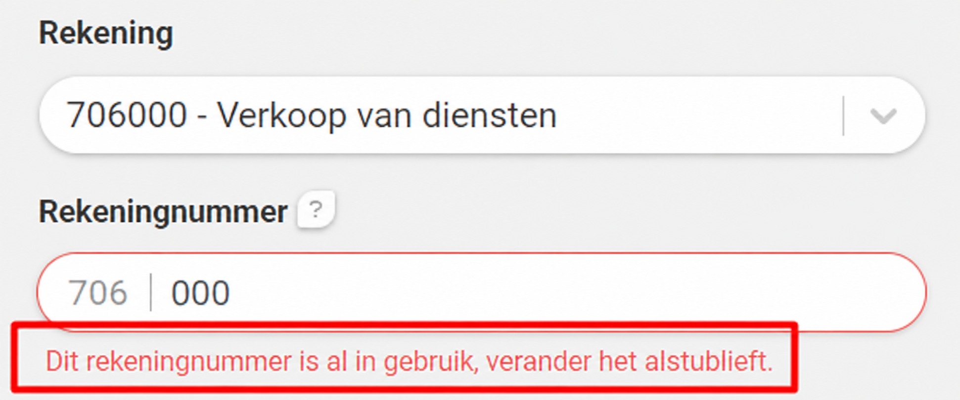 Formulier van een boekhoudrekening met de foutmelding « Dit rekeningnummer is al in gebruik, gelieve het te wijzigen »
