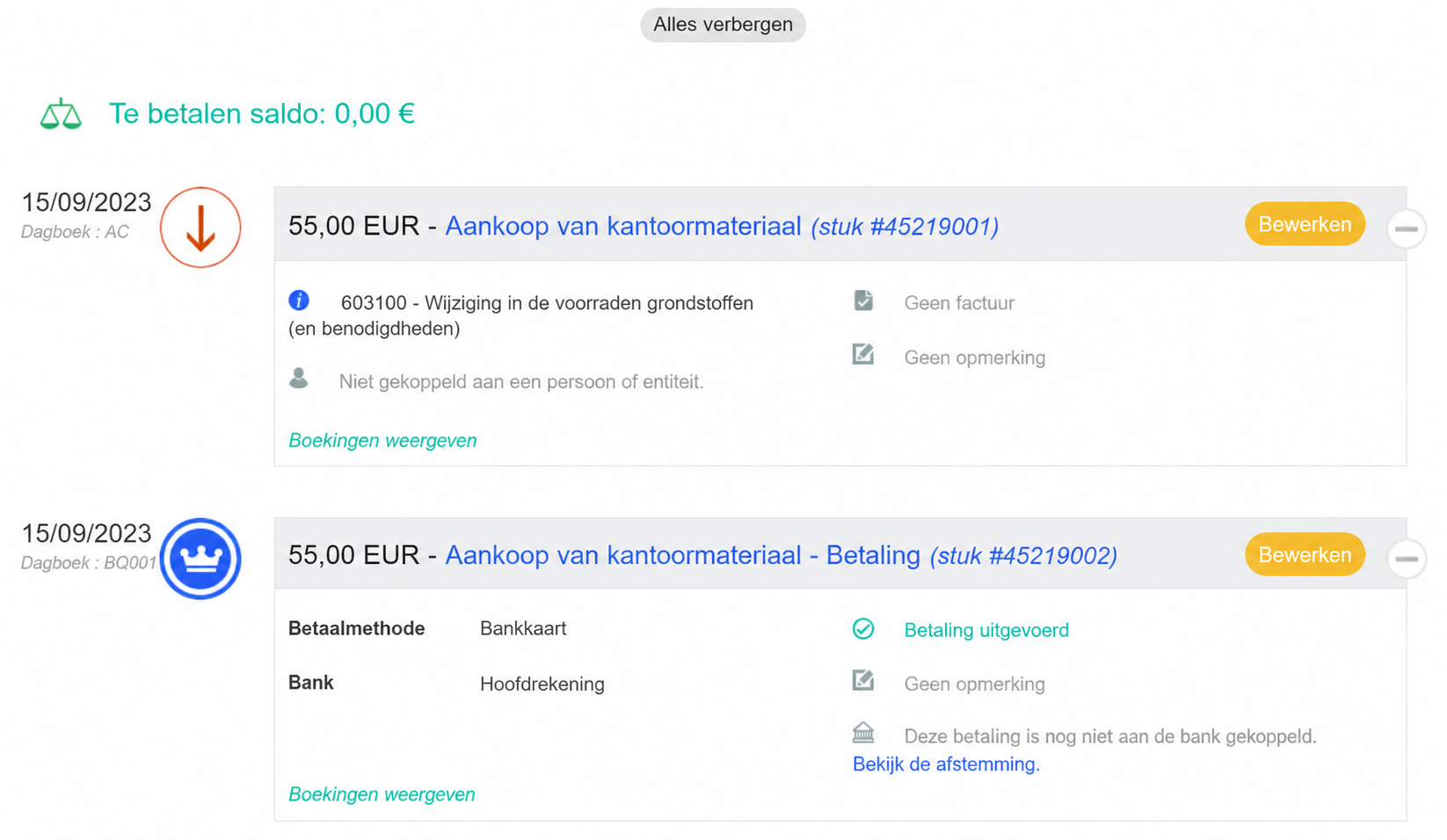 Uitgavefiche in AssoConnect met « Nog te betalen: 0€ » en twee boekingen van 50 €: de aankoop van kantoorbenodigdheden en de betaling ervan met bankkaart.