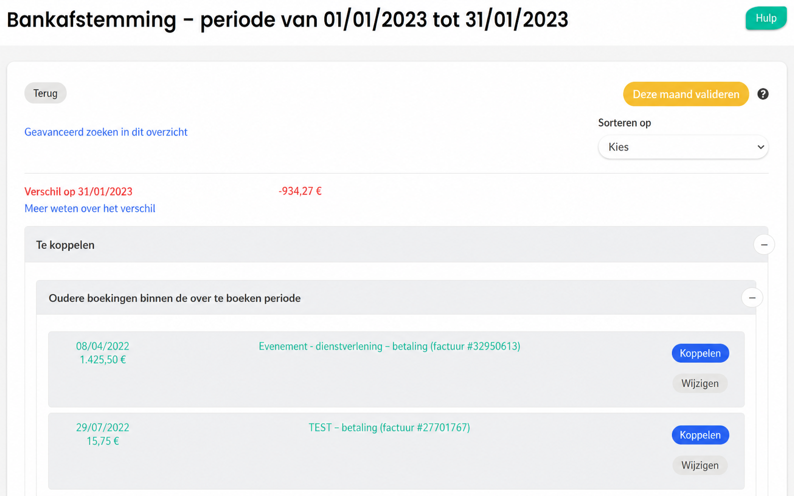 Scherm bankafstemming (januari 2023) met een verschil van -923,00 € en oudere boekingen die nog afgepunt moeten worden.
