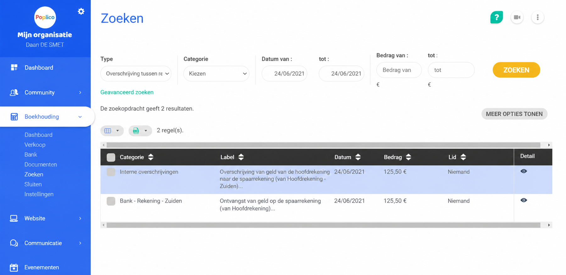 Pagina Zoeken in de boekhouding van AssoConnect met 2 resultaten van interne overboekingen van € 100 op 24/06/2021