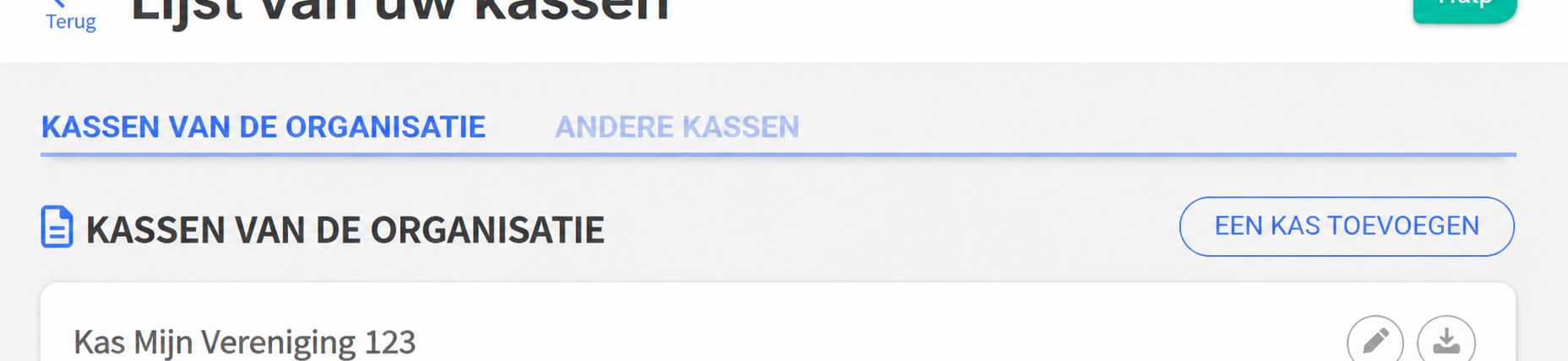 Pagina « Liste de vos caisses » met de tabbladen Caisses de l'organisation en Autres caisses, de knop « Ajouter une caisse » en het bewerkingsicoon van een bestaande kas, aangeduid met rode pijlen.