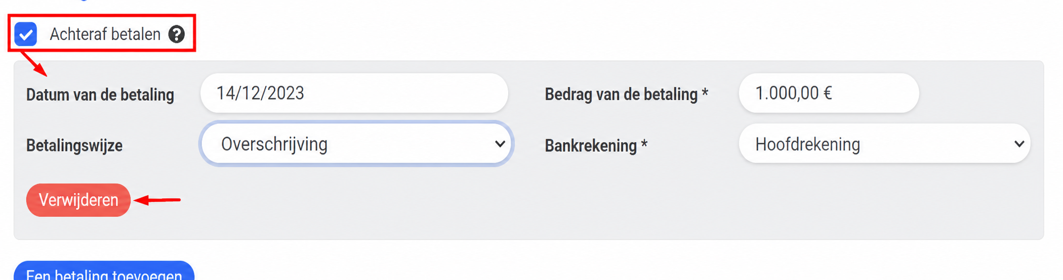 Sectie Paiement met het vakje « Paiement ultérieur » aangevinkt, met een vervaldag op 14/12/2023 van 1000,00 € via overschrijving, en de knop Supprimer in het rood aangeduid.