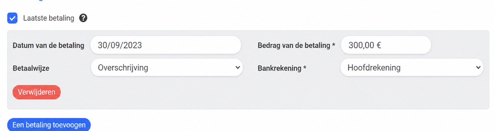 Sectie Paiement met een overschrijving van 300,00 € op 30/09/2023 op de hoofdrekening, en de knoppen « Supprimer » en « Ajouter un paiement »