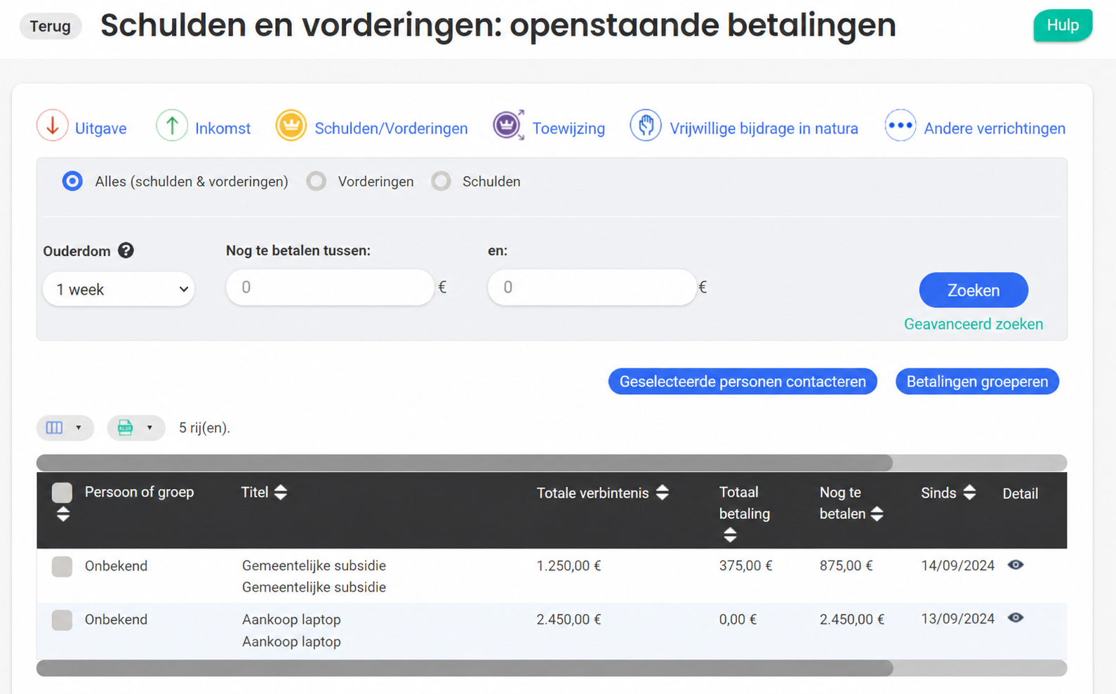 Pagina « Dettes et créances : paiements en attente » van AssoConnect met een tabel met lijnen voor een gemeentesubsidie en een computeraankoop, met de vastgelegde, betaalde en nog te betalen bedragen.