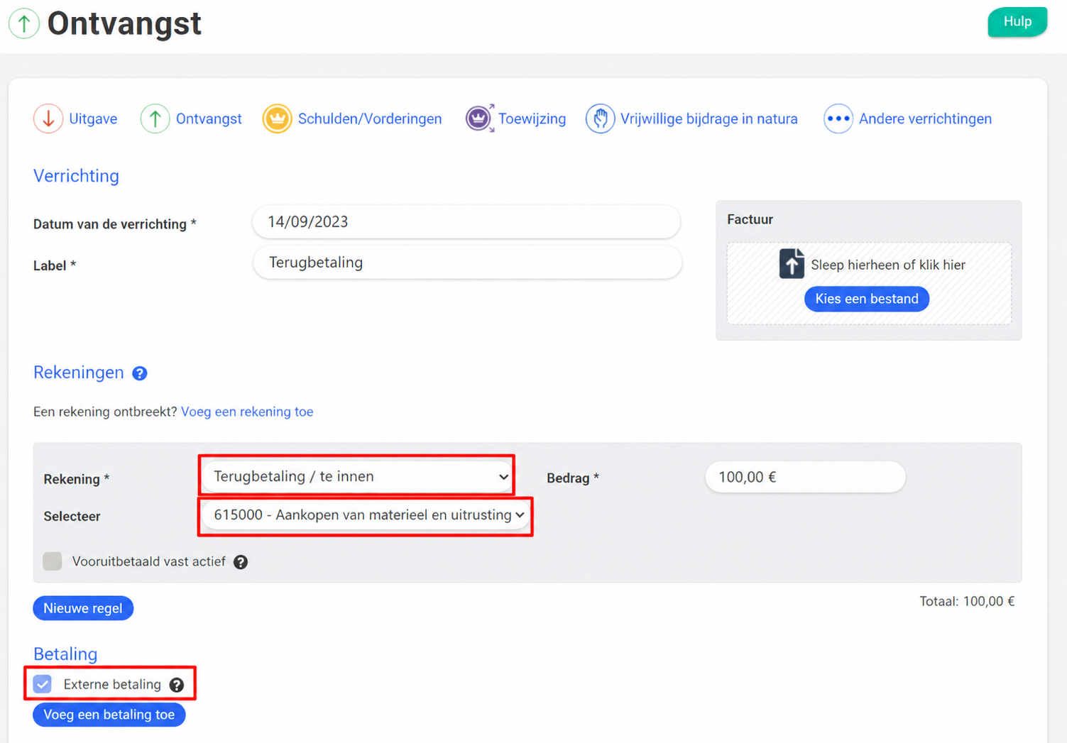 Inkomstenformulier van AssoConnect met de velden « Remboursement / avoir », rekening 605000, bedrag 100 € en de optie « Paiement ultérieur » aangevinkt, alle in het rood omkaderd.