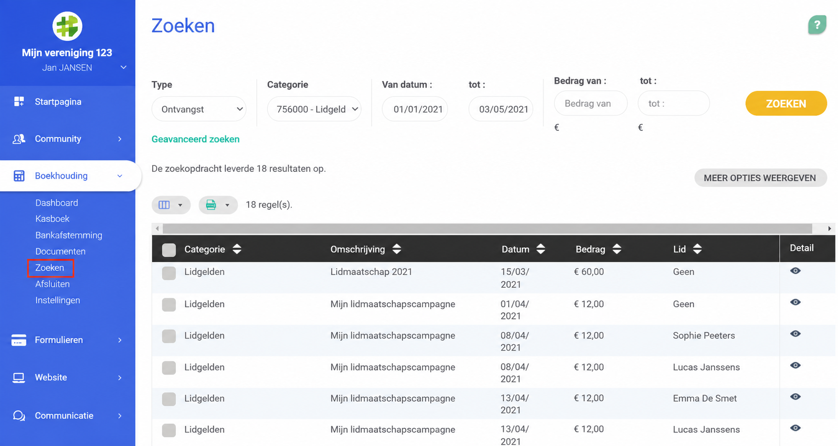 Pagina Zoeken van de boekhouding in AssoConnect, met filters (Type, Categorie, Datum) en een tabel met 18 boekingen van lidmaatschappen, waarbij het tabblad « Zoeken » in het menu is gemarkeerd.