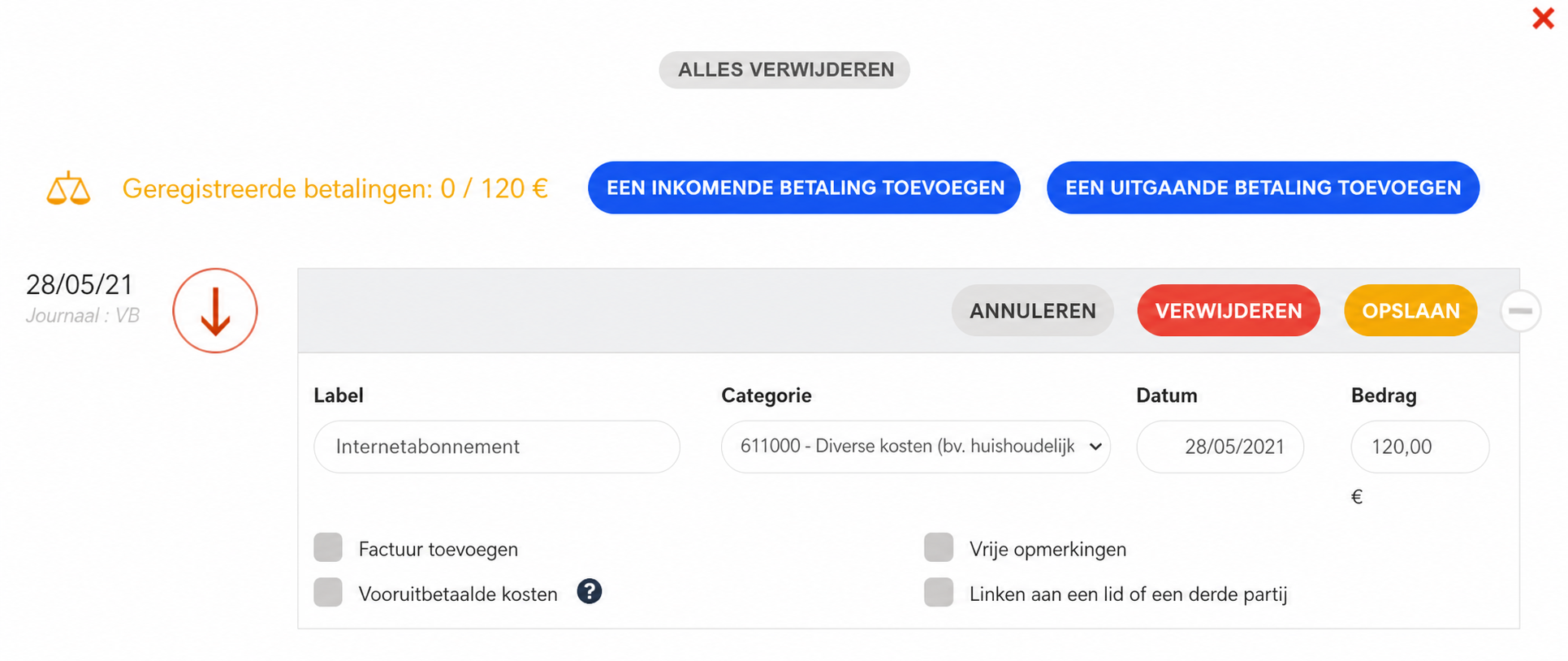 Invoerformulier van een uitgave in AssoConnect: omschrijving « Abonnement internet », categorie 611000, datum 28/05/2021, bedrag 120 €