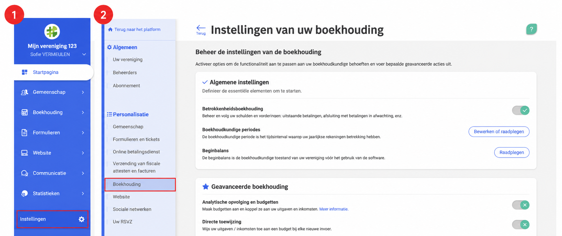 Pagina « Instellingen van uw boekhouding » in AssoConnect, met het menu Instellingen (1) en het tabblad Boekhouding (2) in de verf gezet.