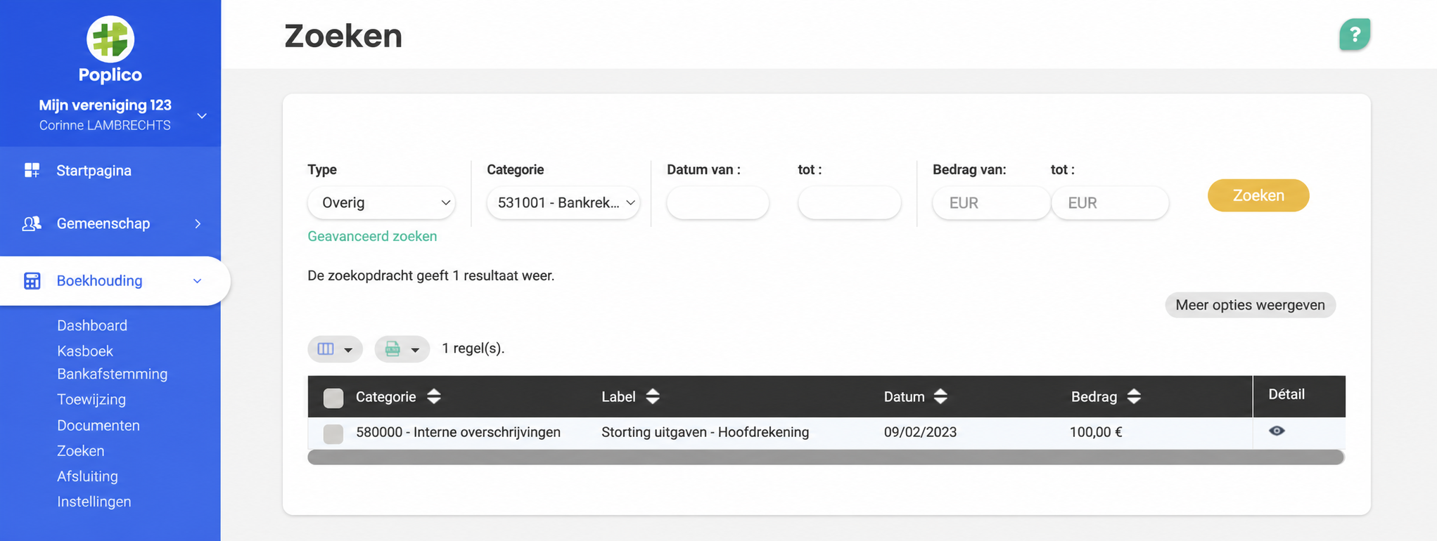 Pagina Recherche in de boekhouding van AssoConnect met één resultaat: boeking « Dépôt d'espèces - Compte principal » van 100 € met datum 09/02/2023