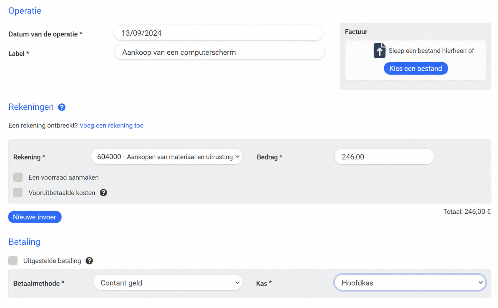 Invoerformulier van een boekhoudkundige verrichting: aankoop van een computerscherm op 13/09/2023, rekening 605000, bedrag 200 €, contante betaling.