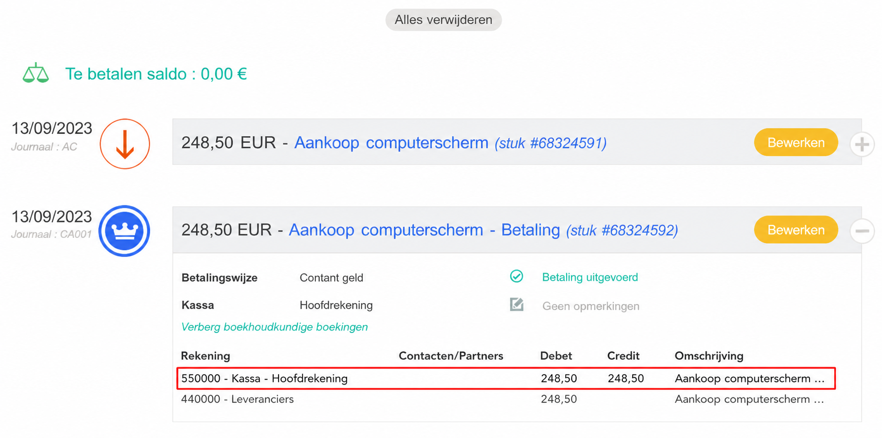 Betaalscherm van een aankoop in AssoConnect: nog te betalen 0 €, met de boeking 531001 Caisse – Compte principal in het credit van 200,00 € gemarkeerd.
