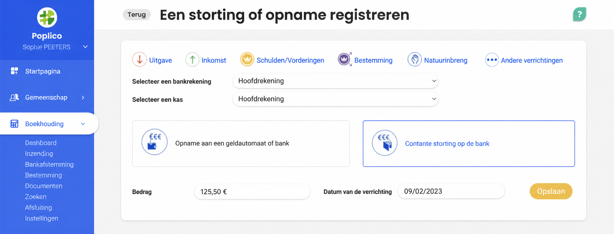Formulier « Enregistrer un dépôt ou un retrait » met het type « Dépôt d'espèces à la banque » geselecteerd, een bedrag van 100,00 € en de datum 09/02/2023.