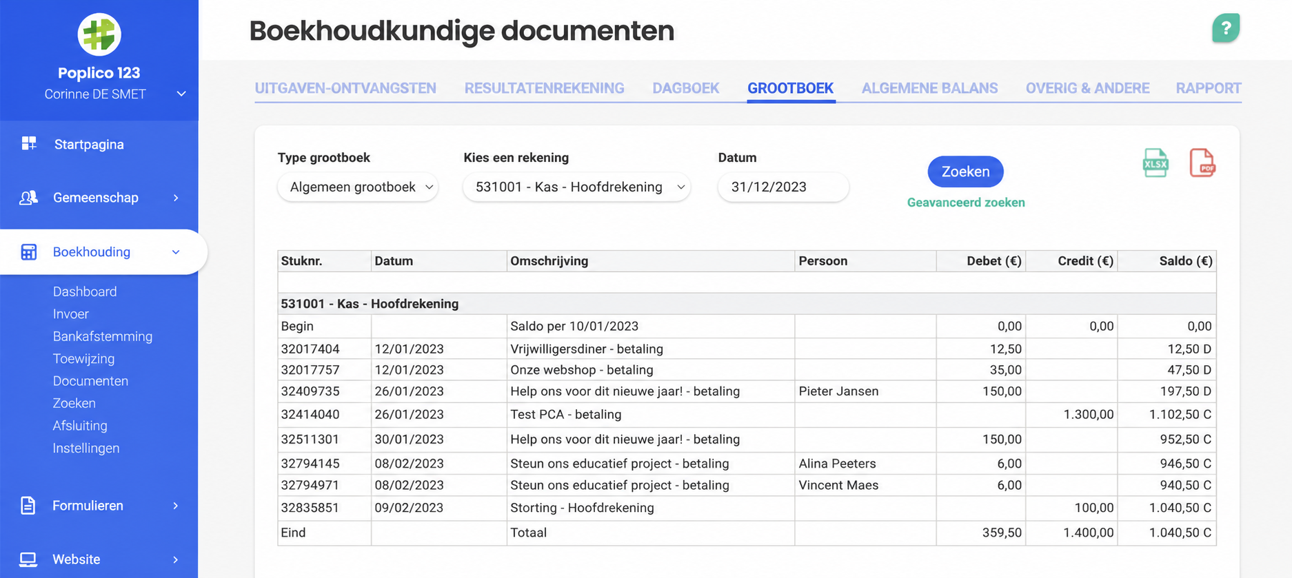 Interface van AssoConnect met het algemeen Grootboek van rekening 531001 - Caisse, met de kolommen Débit, Crédit en Solde voor het boekjaar 2023.