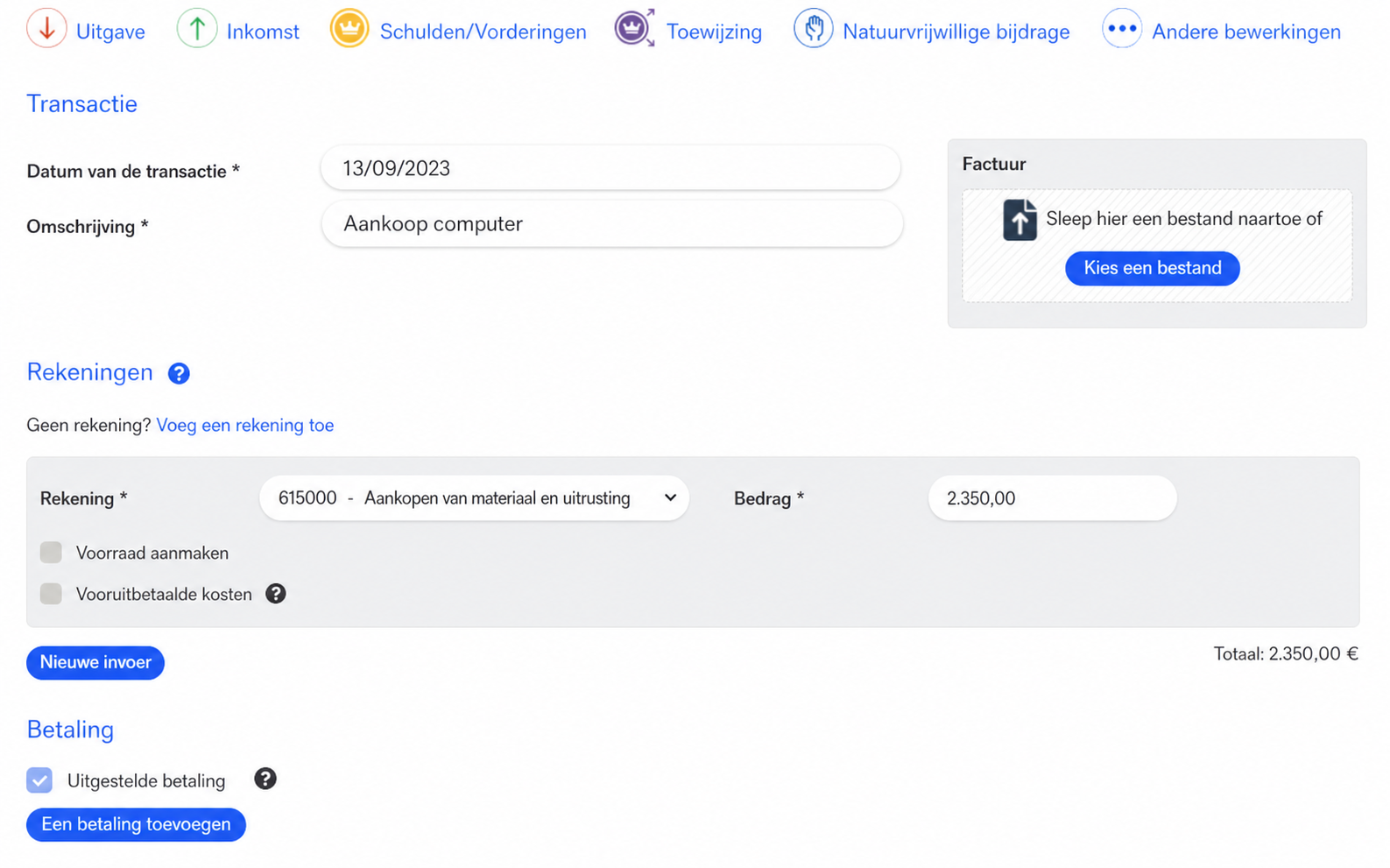 Invoerformulier van een uitgave in AssoConnect met het vakje « Paiement ultérieur » aangevinkt, aangeduid met een rode pijl