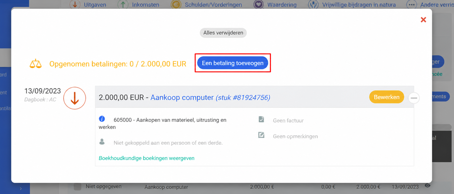 Venster voor het beheer van de betalingen van een uitgave van 2.000 € (Achat ordinateur), met de knop « Ajouter un paiement » in het rood aangeduid