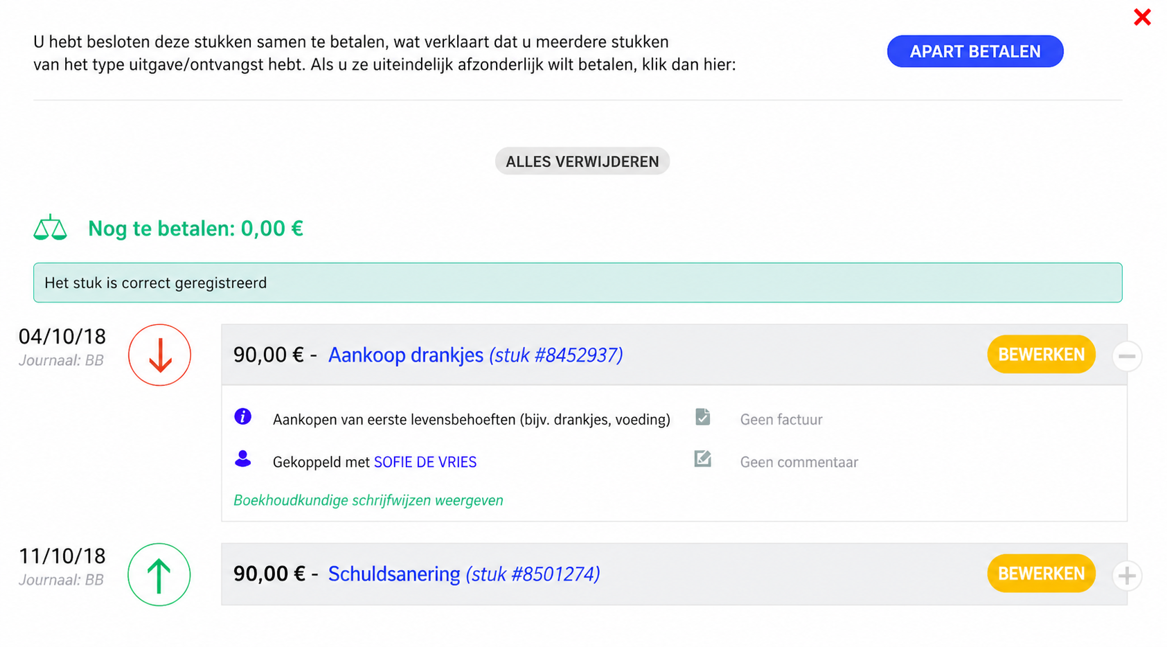 Scherm van een gegroepeerde betaling in AssoConnect met « Reste à payer : 0€ » en twee gekoppelde stukken: een aankoop van dranken en een schuldannulatie van elk 90 €.