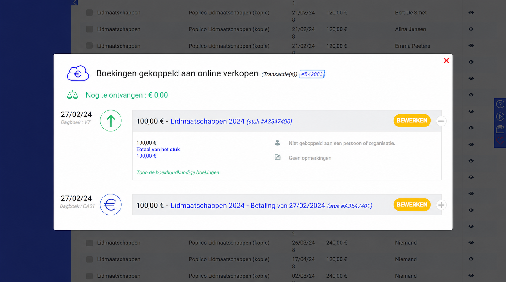 Venster « Ecritures liées à des ventes en ligne » met twee boekingen van 100 € voor de Lidmaatschappen 2017, met hun knoppen Bewerken en het nog te ontvangen saldo op 0 €