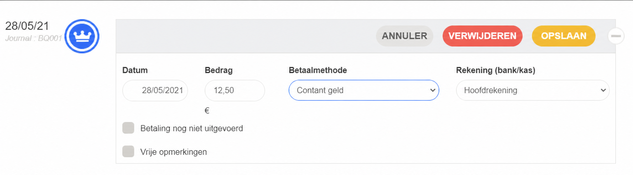 Registratieformulier van een betaling met de datum (28/05/2021), het bedrag (10,00 €), de betaalwijze « Contant » en de rekening « Hoofdrekening »