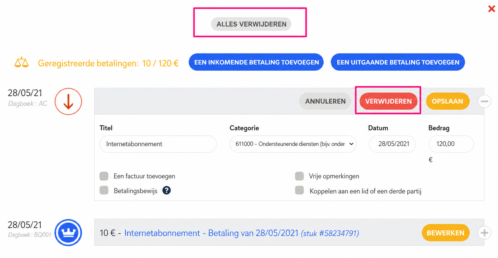 Betalingsinterface van AssoConnect waarin de knoppen « Tout supprimer » en « Supprimer » roze omkaderd zijn, op een boeking « Abonnement internet » van 120 € op 28/05/2021.