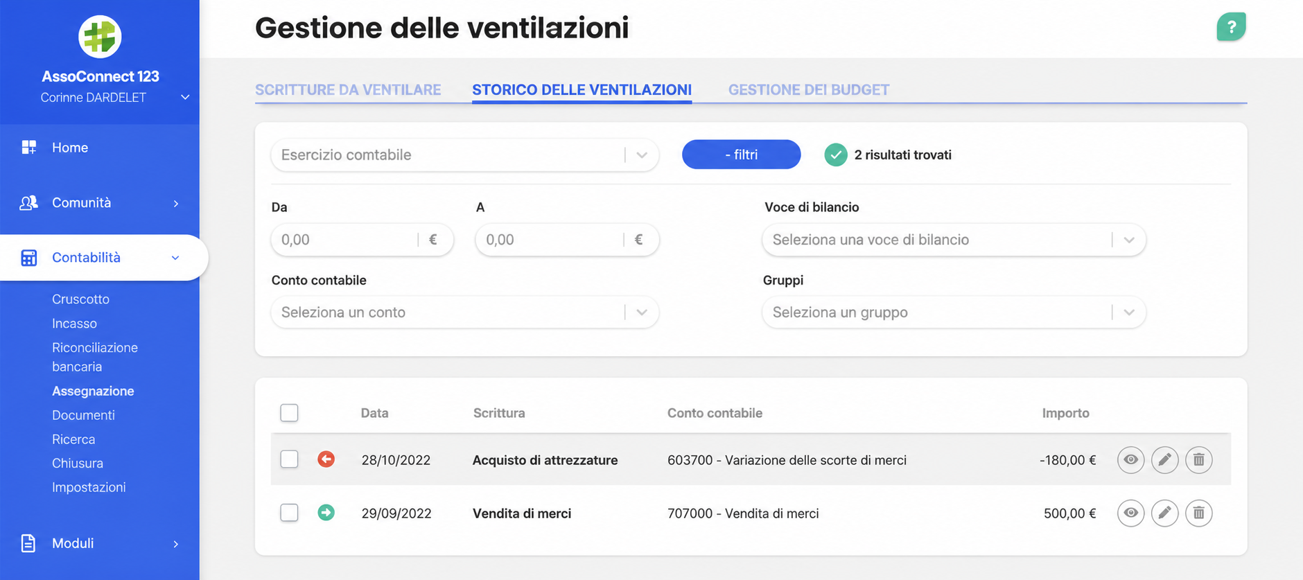 Page « Gestion des ventilations » d'AssoConnect, onglet Historique des ventilations, affichant deux écritures filtrées : un achat de matériel à -180 € et une vente de marchandise à 500 €