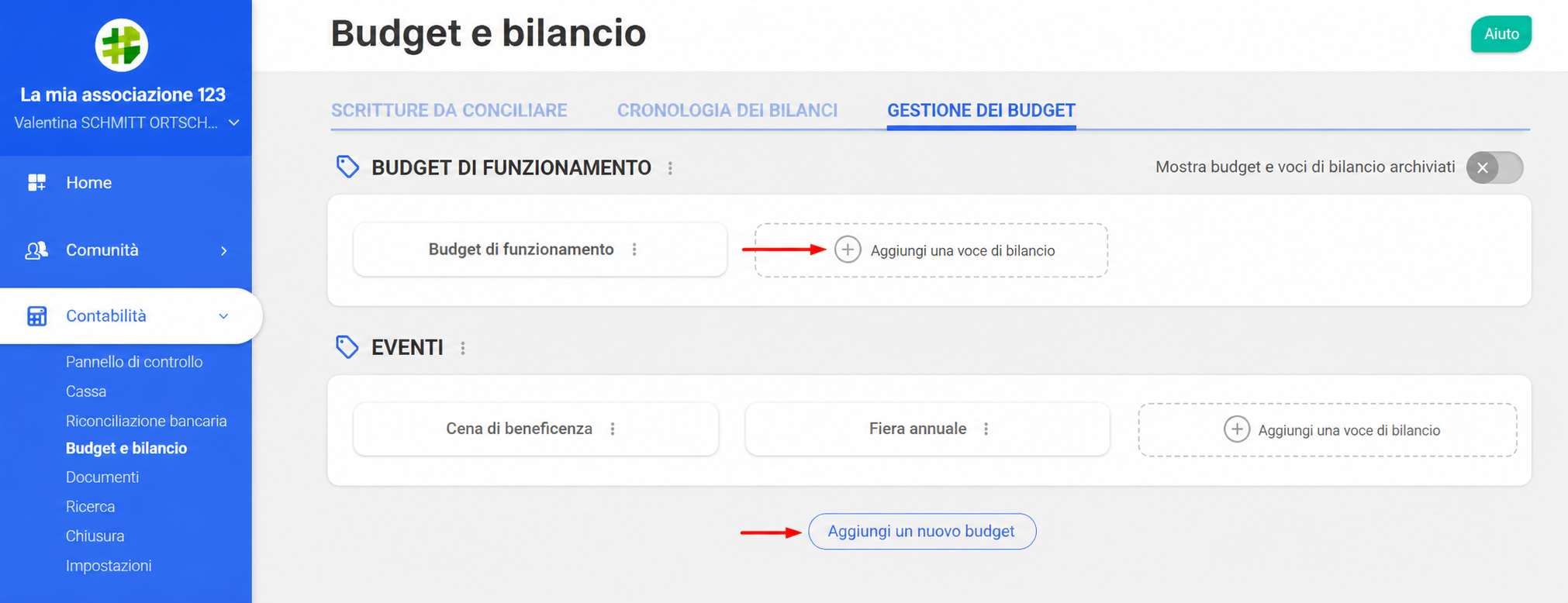 Onglet « Gestion des budgets » dans AssoConnect, avec les boutons fléchés « Ajouter un poste budgétaire » et « Ajouter un nouveau budget »