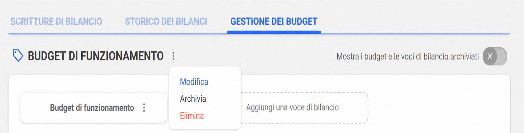 Menu contextuel d'un budget de fonctionnement dans AssoConnect, affichant les options Editer, Archiver et Supprimer.