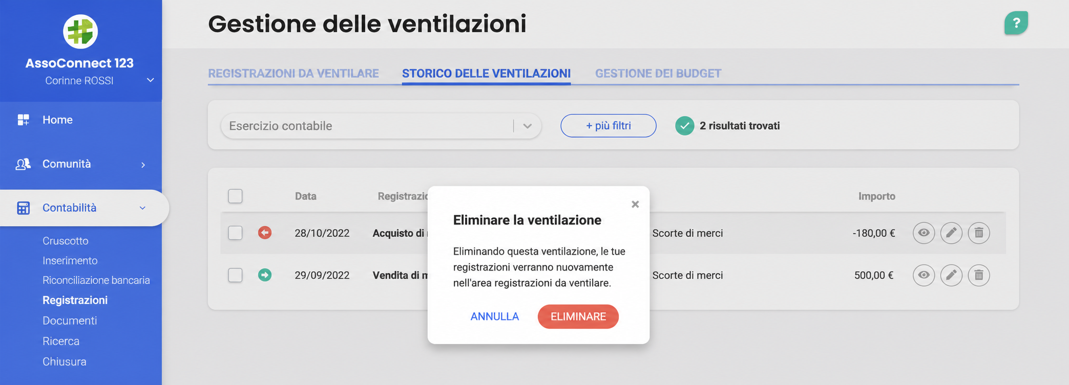 Fenêtre de confirmation « Supprimer la ventilation » avertissant que les écritures retourneront dans l'onglet « Écritures à ventiler », avec les boutons Annuler et Supprimer.