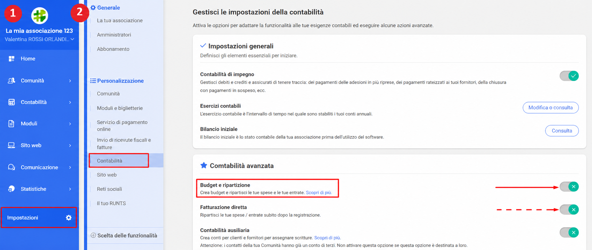 Paramètres de comptabilité avancée dans AssoConnect, avec la fonctionnalité « Budgets et ventilation » mise en évidence et son bouton d'activation.