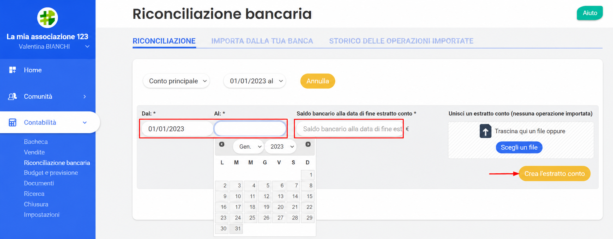 Page de rapprochement bancaire AssoConnect avec le calendrier de sélection de la date de fin et le bouton « Créer le relevé » mis en évidence
