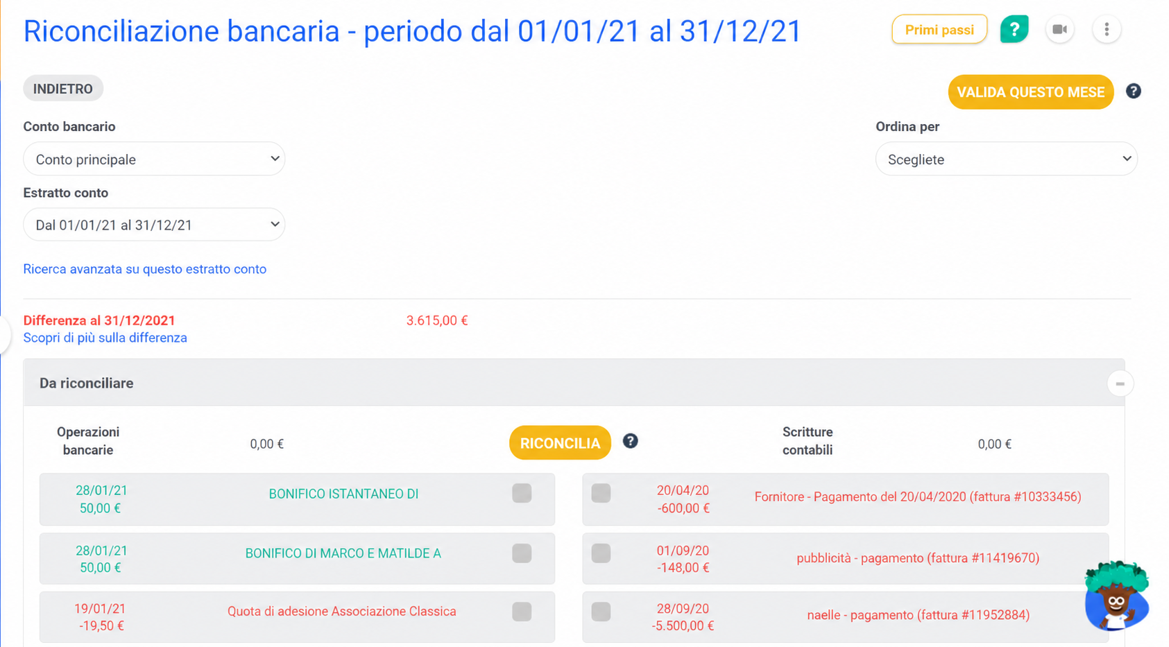Interface de rapprochement bancaire AssoConnect pour la période 01/01/21 au 31/12/21, affichant un écart de 3 615 € et les opérations à pointer.